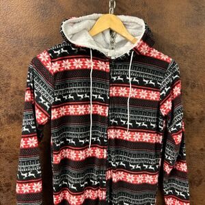 Warm & Cozy Lifestyle Co. Large Hooded a Elastic Cuff Full Zip Pajamas Black Red